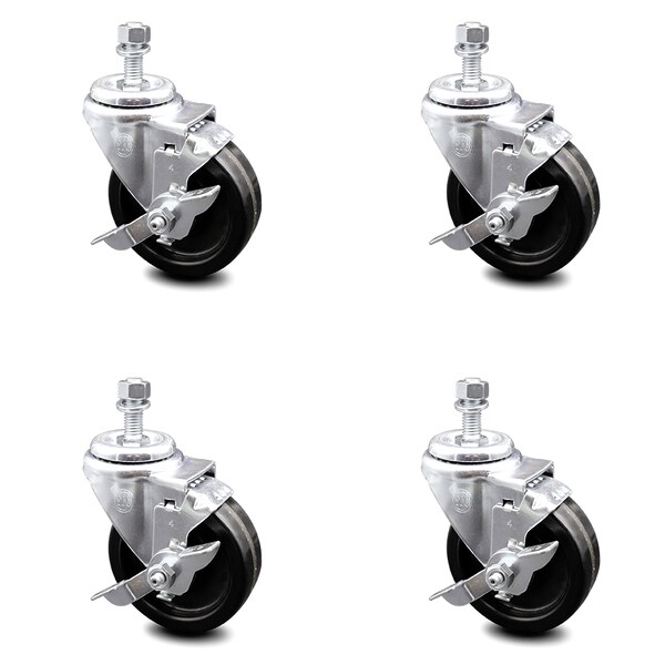 4 Inch Phenolic Wheel Swivel 1/2 Inch Threaded Stem Caster Set with Brake SCC